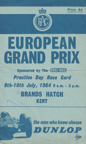 RAC European Grand Prix practice race card cover, Brands Hatch Circuit, 11/07/1964