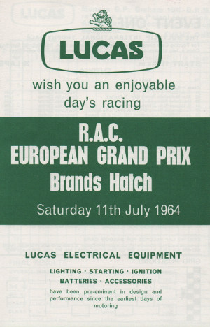 RAC European Grand Prix race card cover, Brands Hatch Circuit, 11/07/1964