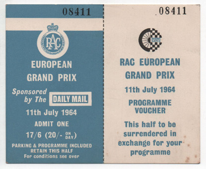 RAC European Grand Prix ticket stub, Brands Hatch Circuit, 11/07/1964